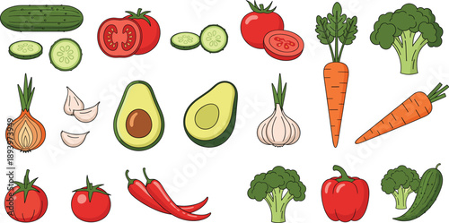 Vegetable slices and whole icons set. Fresh kitchen vegetables with cucumber tomato avocado carrot and broccoli. Hand drawn flat vector elements for cooking, recipes and food education.