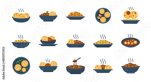 Indian Cuisine Chole Bhature and Chickpea Curry Icons Set in Flat Design