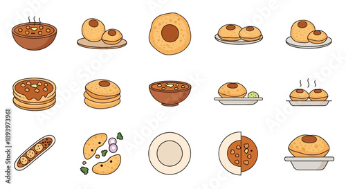 Chole Bhature and Indian Street Food Vector Icon Set, Punjabi Cuisine Illustrations