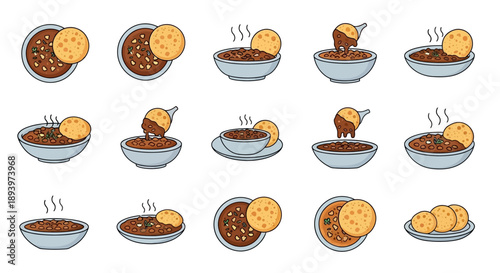 Chole Bhature Indian Food Icons Set, Chickpea Curry and Fried Bread Illustrations