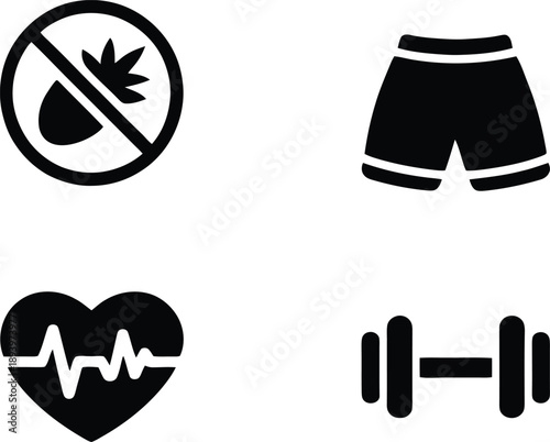 Simple black icons depicting restrictions fitness and love