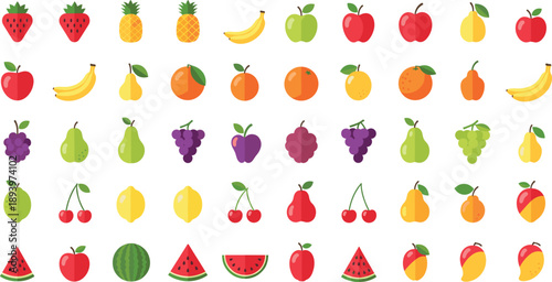 Fruit flat vector icon set. Colorful fresh fruits collection with apples, bananas, citrus, berries and tropical fruits. Clean modern icons for food, nutrition and grocery design.