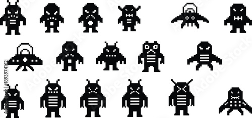 Pixel alien enemy sprite set. Retro 8 bit space monsters collection for arcade games. Classic pixel art characters for video game design assets.