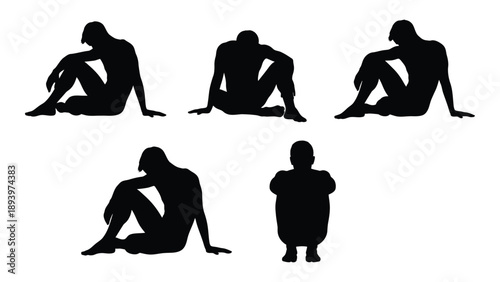 Silhouettes of people in seated and squatting positions against a white background