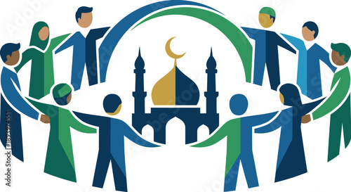 Diverse people joining hands around a mosque symbolizing unity and community