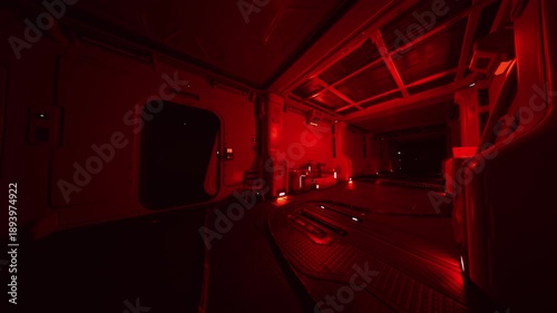 red lit spaceship cargo bay interior, empty metal floor, open hatch sliding into void, dim alarm indicators blinking, rails and crate shadows, industrial panels