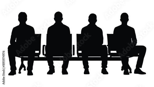 A row of silhouetted figures seated on a bench appearing to wait
