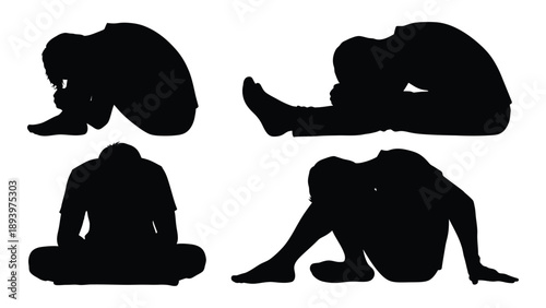 Silhouettes of people in various seated and kneeling positions high quality
