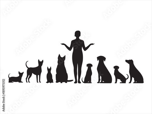 A silhouette of a man training dogs, Dog Trainer with Sitting Dogs Silhouette vector
