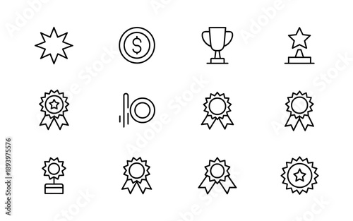 Collection of minimalist black line art icons representing awards, achievements, and success, including trophies, medals, stars, and dollar signs.