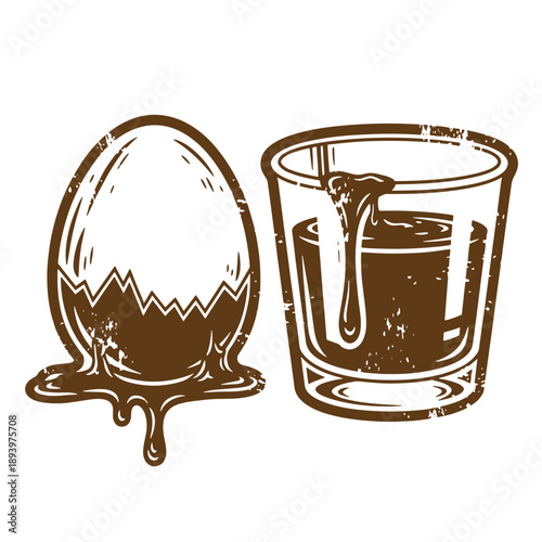 Vintage Grunge texture chocolate egg and chocolate liquid in glass cup brown color illustration