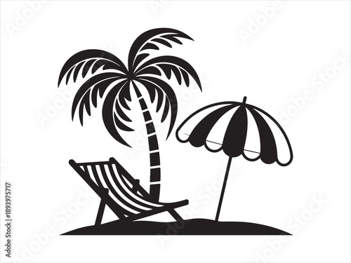 Beach chair umbrella silhouette with palm tree summer vector illustration design