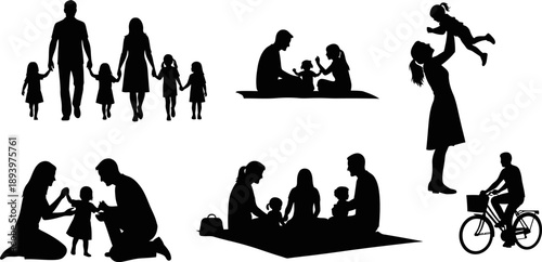 Silhouettes of happy family moments with parents and children playing together