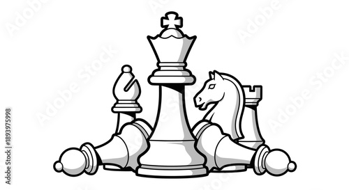 An elegant monochrome illustration showcasing the iconic pieces of a chess game, representing strategic thinking, intellectual challenge, and the timeless battle of wits on the board