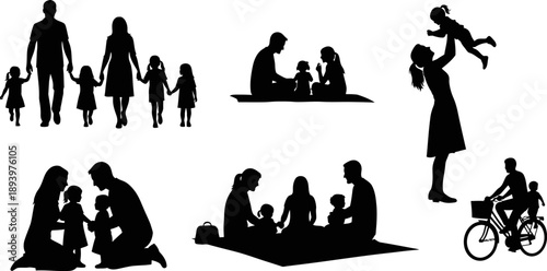 Family silhouettes in various activities and poses together  parents and children
