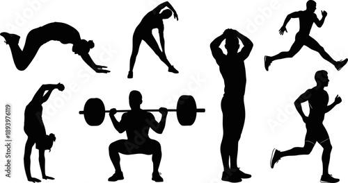 set of people exercising and working out in various poses and activities  fitness and sports