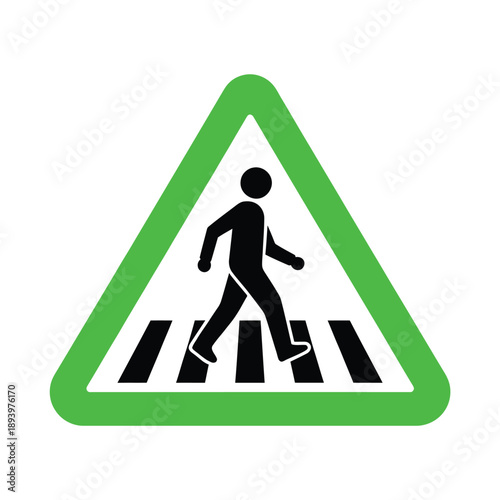 Green triangular sign depicting a pedestrian crossing a road