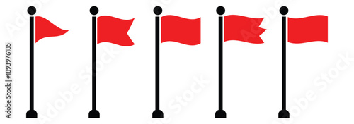 Four black flags on poles waving in the wind against a white background