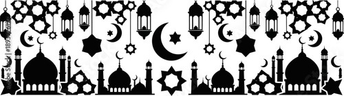 Islamic ramadan eid mubarak decorative silhouette pattern with mosque lanterns crescent moon and stars