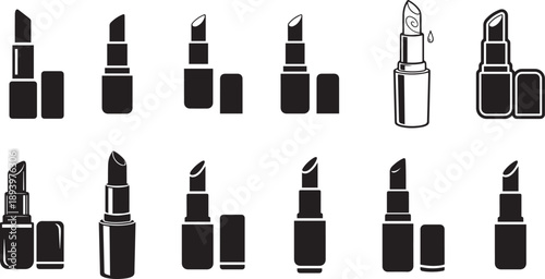 lipstick Icons collection Set of 12 black lipstick icons with various decorative designs.
