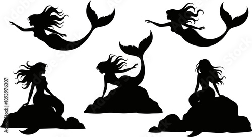 set of black silhouette mermaids on white background in various poses
