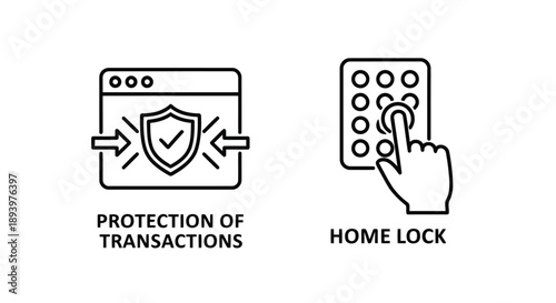 Secure online transactions and home security with shield icon and keypad in minimalist line art style for cybersecurity
