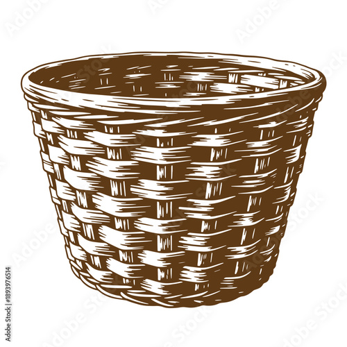 Vintage Grunge texture woven basket made of brown wicker on white background for storage or decoration purposes