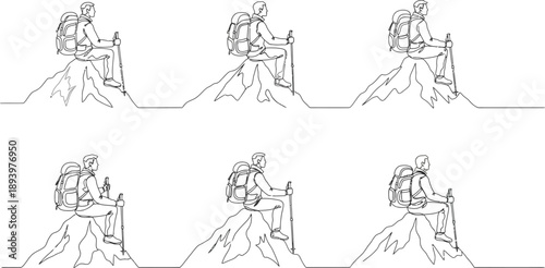 line drawing of a man sitting on a mountain peak with backpack and trekking poles in various positions