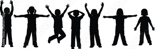 Set Of Happy Children Silhouettes Featuring Boys and Girls Jumping Playing And Standing With Arms Raised For School Youth Activities Diversity And Playtime Graphics
