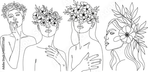 line drawing of women with flowers on their heads in various poses