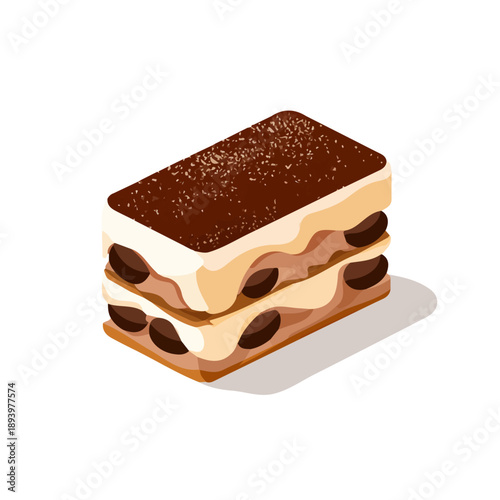 Clean 2D flat vector depiction of a Tiramisu, designed in minimalist modern style with white background.