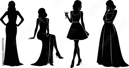 set of four woman silhouettes in different poses and dresses on white background