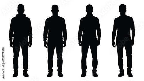 Four silhouetted figures of men standing in a row facing forward