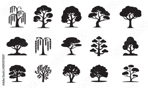 Diverse collection of tree silhouettes showcasing various species and shapes including weeping willow oak and bonsai styles representing nature's beauty and natural elements