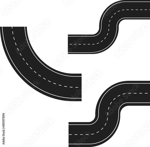 Set of three curved road segments with white dashed lines, perfect for creating winding paths and dynamic driving scenes.