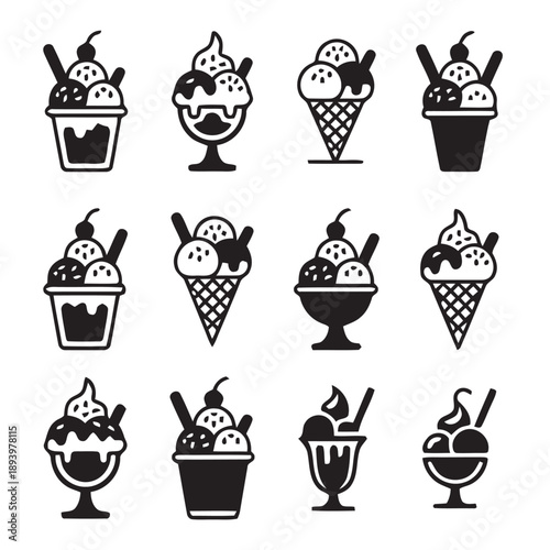 Diverse ice cream sundae and cone designs with multiple scoops cherries and wafers presented in various glasses and cones for delicious frozen dessert options