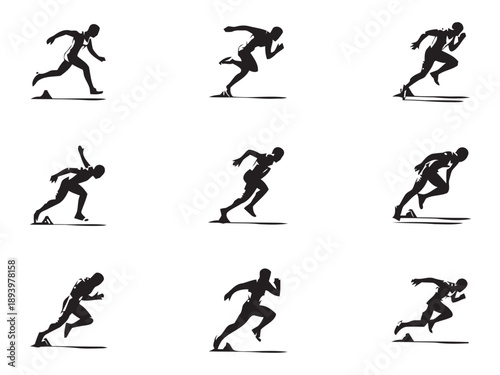 Dynamic sprinter silhouettes in motion, capturing the intensity of a race from starting blocks to full sprint, showcasing speed and athletic performance.