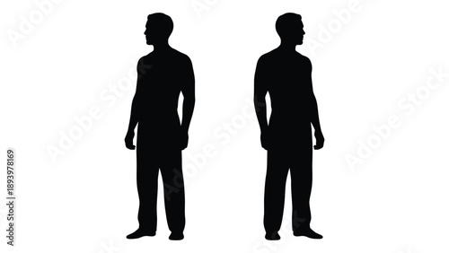 Two silhouetted men standing facing forward depicted in a minimalist style