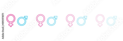 Gender sign symbols. Male and female sexual icon set. Male and female, man and woman, boy and girl. Blue and pink. Symbol of the feminine and masculine. Vector Icon, label, sign, sticker, illustration