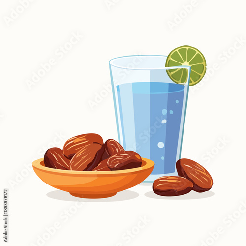 Nourishing dates alongside a crisp glass of water with lime, a perfectly balanced and refreshing combination illustrated to convey natural vitality and wholesome well-being