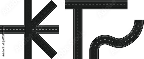 Graphic representation of a complex road network with a four-way intersection and a curved road segment, perfect for transport themes.