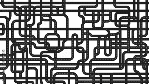 Busy city road, Intricate, interwoven road system forming a complex maze, representing difficult journeys, logistics challenges, or urban complexity.