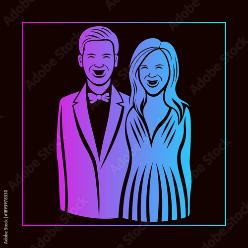 Couple Portrait Neon Glow Illustration Vector Design For Wedding Anniversary Celebration And Romantic Relationship