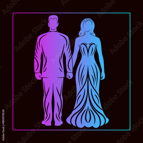 Elegant Couple Silhouette Celebrating Romance And Partnership, Neon Glow Design For Wedding Invitations