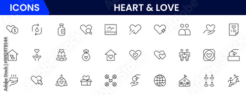Heart, love, care, help, charity, and donation outline icons are set isolated on a white background in a flat vector illustration.