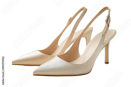 Elegant ivory satin slingback pumps with pointed toes and high heels