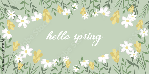 Vertical Spring Floral Banner with Wildflowers, Chamomile, and Botanical Frame, Soft Green Pastel Spring Design. Isolated flowers in vector.