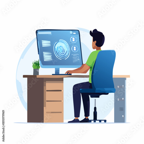 Man working on computer with interface on screen in office setting from behind