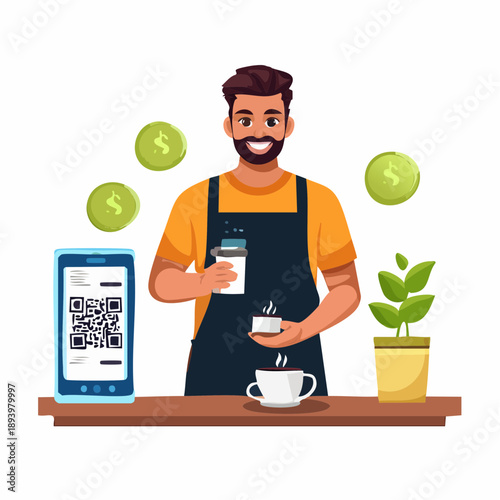 Man in apron holding coffee cup standing behind counter with digital payment screen and green plant nearby