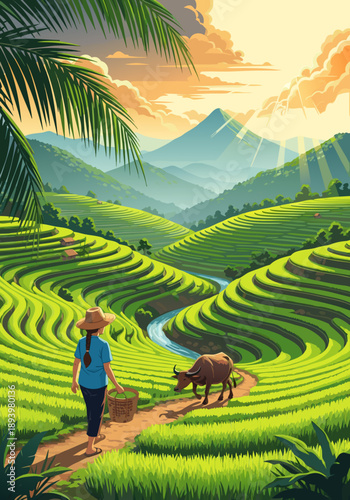 Lush Rice Terraces in Asian Countryside A Vector Illustration Capturing Rural Life and Agriculture